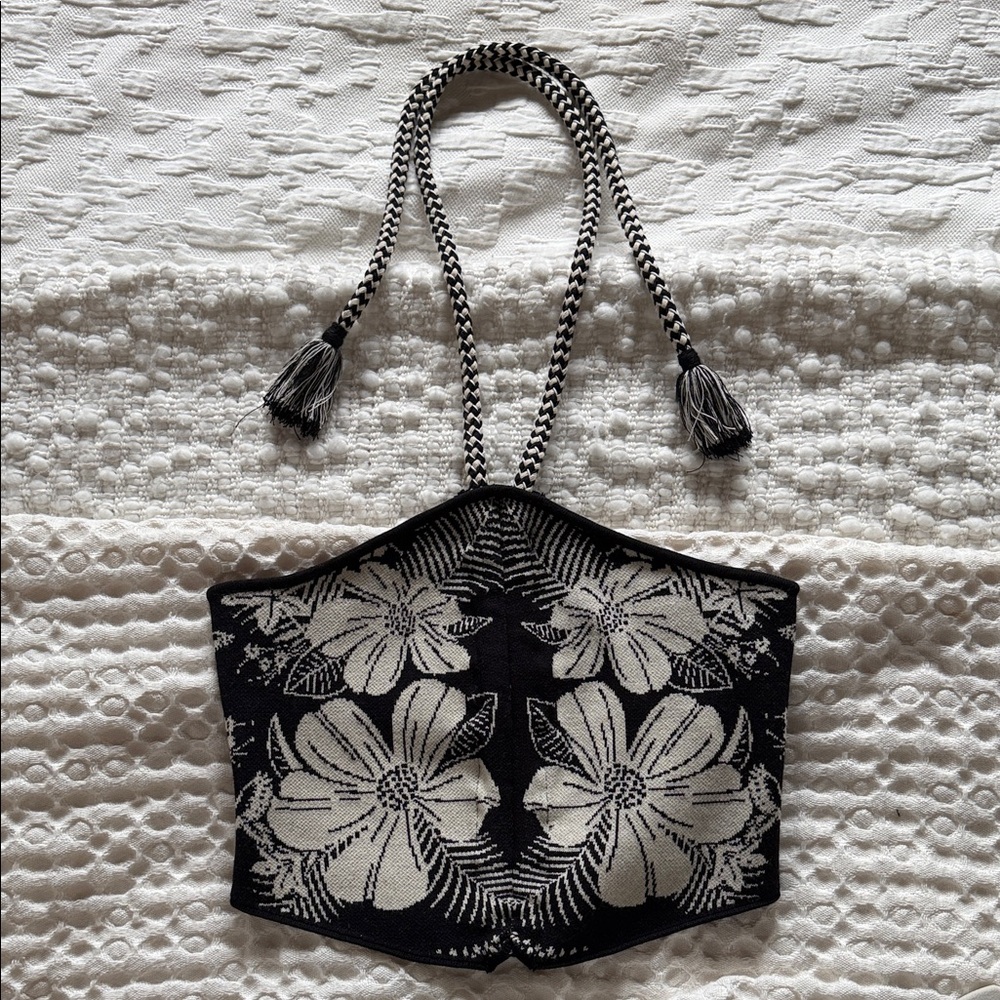 FARM Rio Black and Cream Floral Crop Top